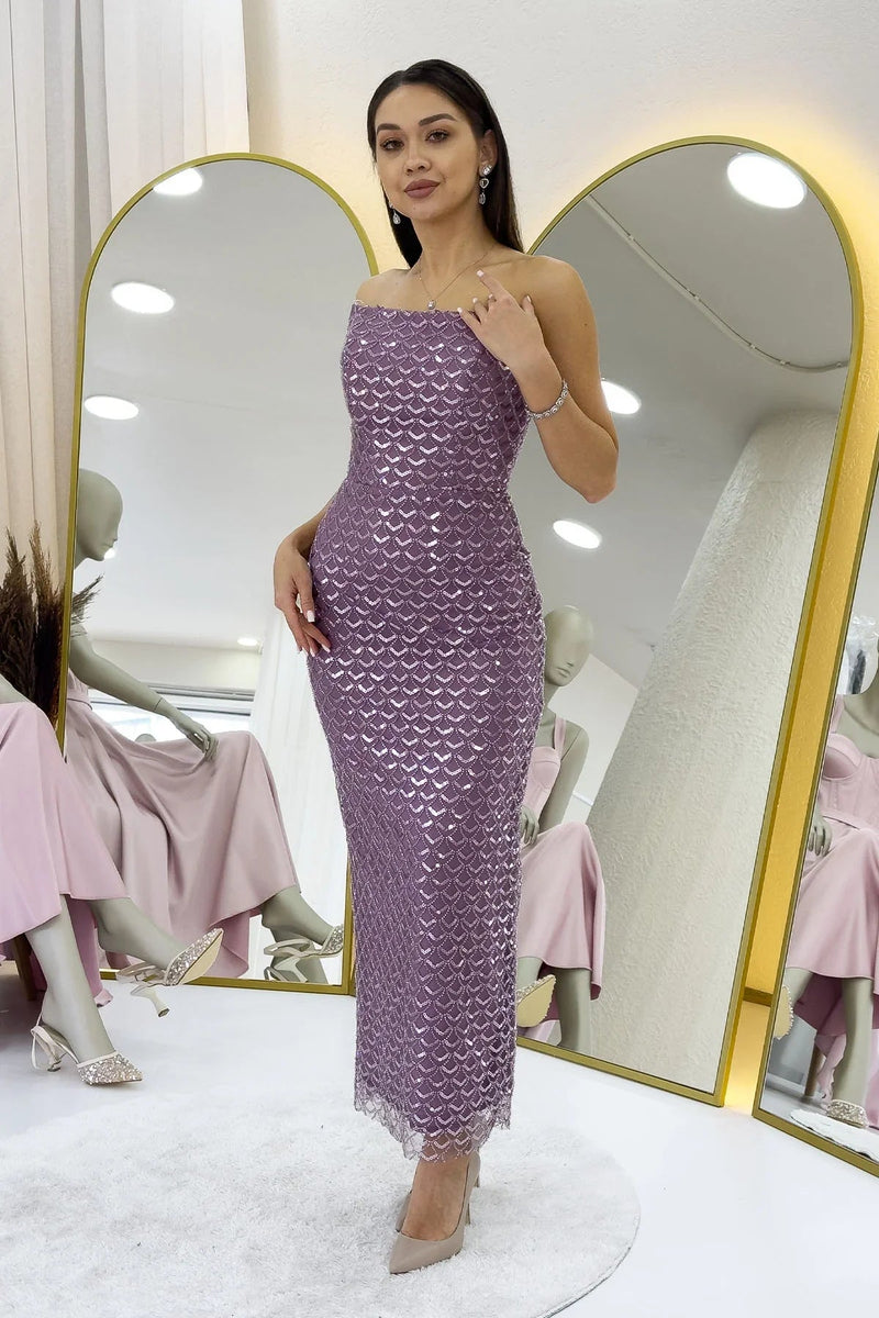 Women's Lilac Strapless Beaded Midi Evening Gown