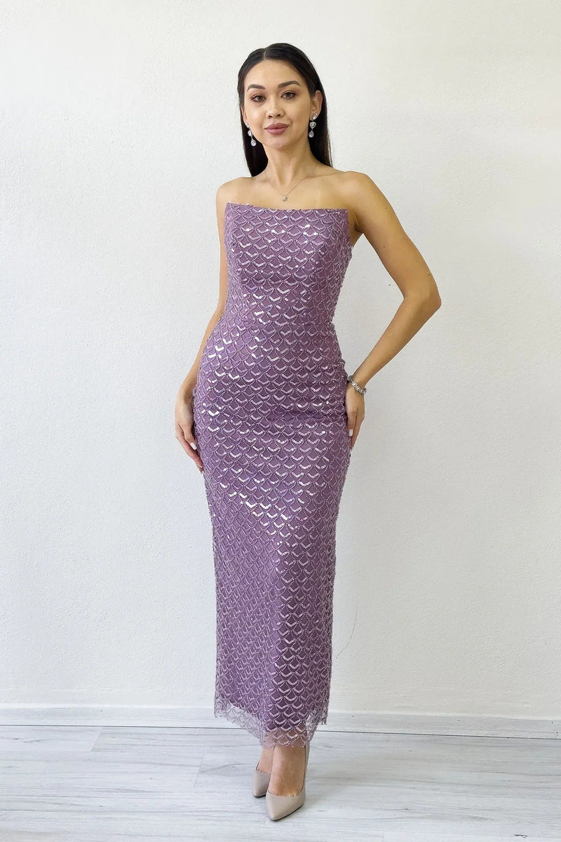 Women's Lilac Strapless Beaded Midi Evening Gown