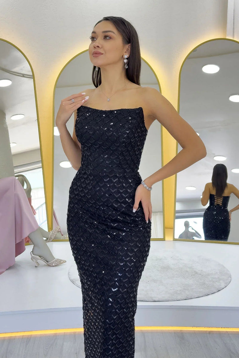 Women's Black Strapless Beaded Midi Evening Gown