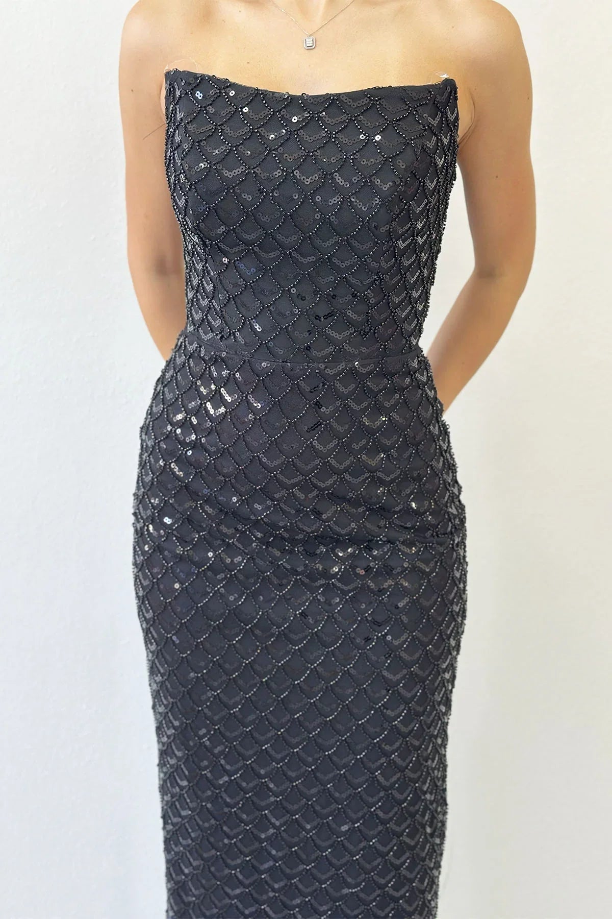 Women's Black Strapless Beaded Midi Evening Gown