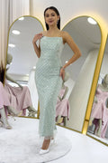 Aqua Green Strapless Midi Length Sequin Evening Dress