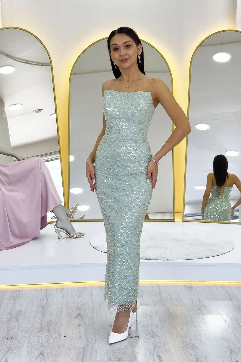 Women's Aqua Green Strapless Beaded Midi Evening Gown