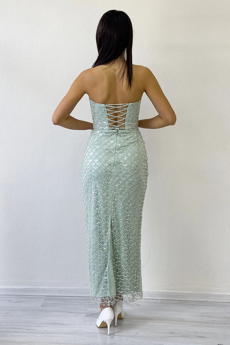 Women's Aqua Green Strapless Beaded Midi Evening Gown