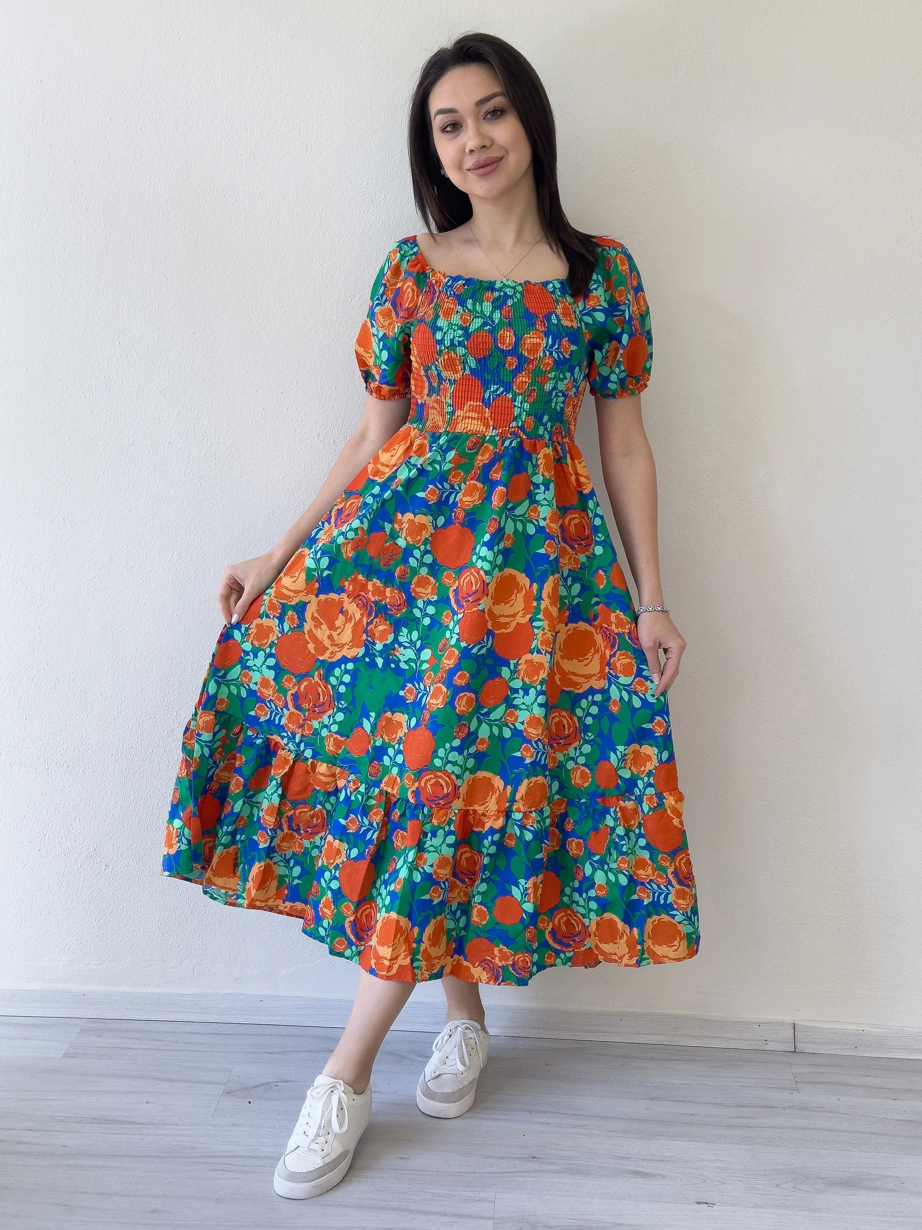 Women's Orange Çiçek Patterned Göğüs Gipeli Midi Summer Dress