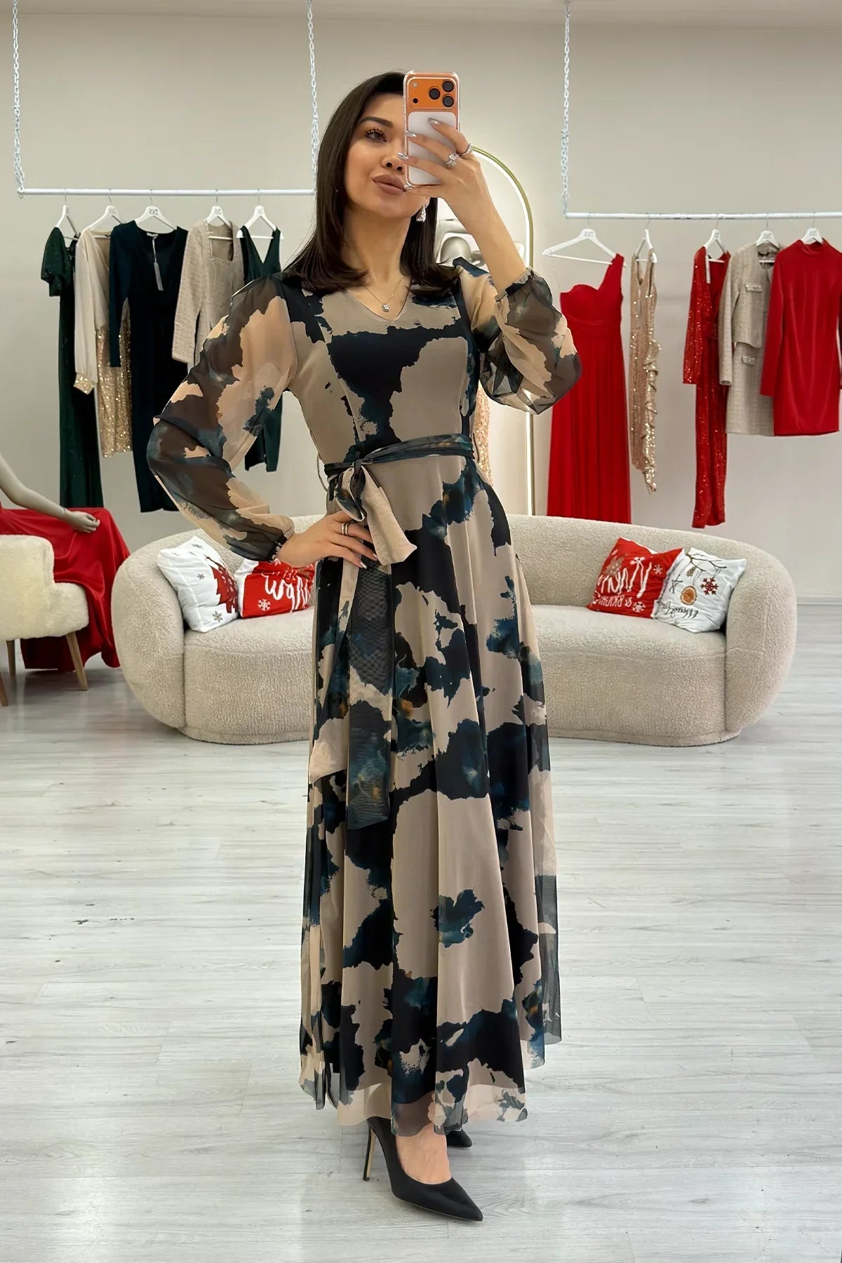 Women's Beige V-Neck Belted Tie-Dye Tulle Midi Plus Size Dress