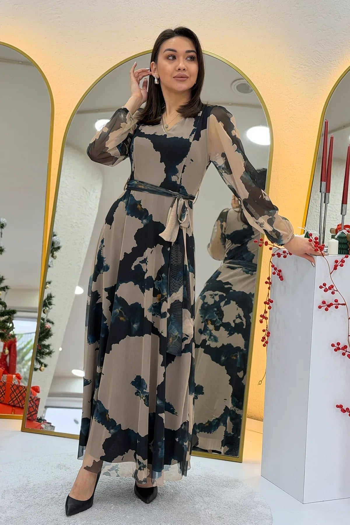 Women's Beige V-Neck Belted Tie-Dye Tulle Midi Plus Size Dress