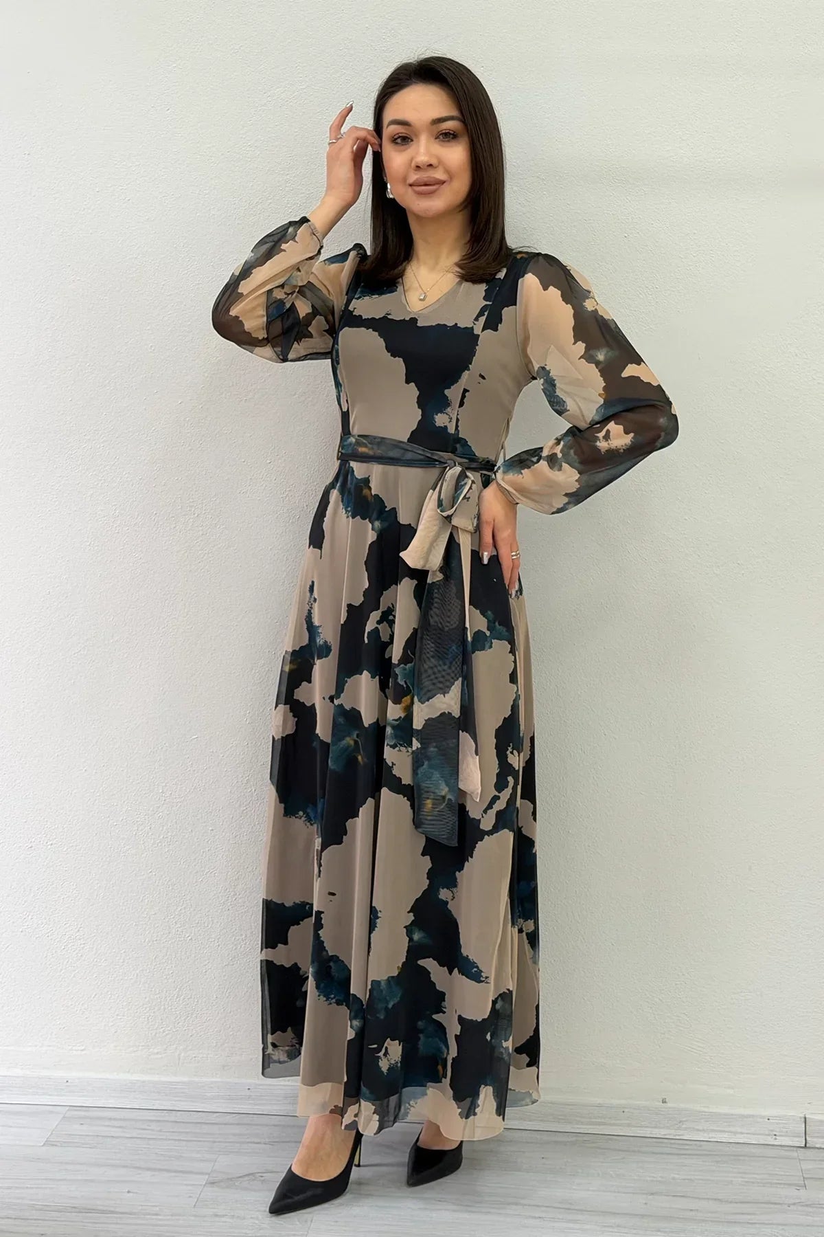 Women's Beige V-Neck Belted Tie-Dye Tulle Midi Plus Size Dress