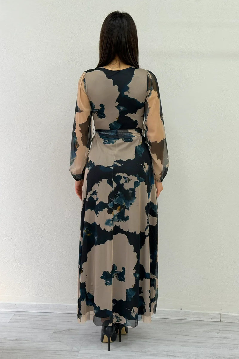 Women's Beige V-Neck Belted Tie-Dye Tulle Midi Plus Size Dress