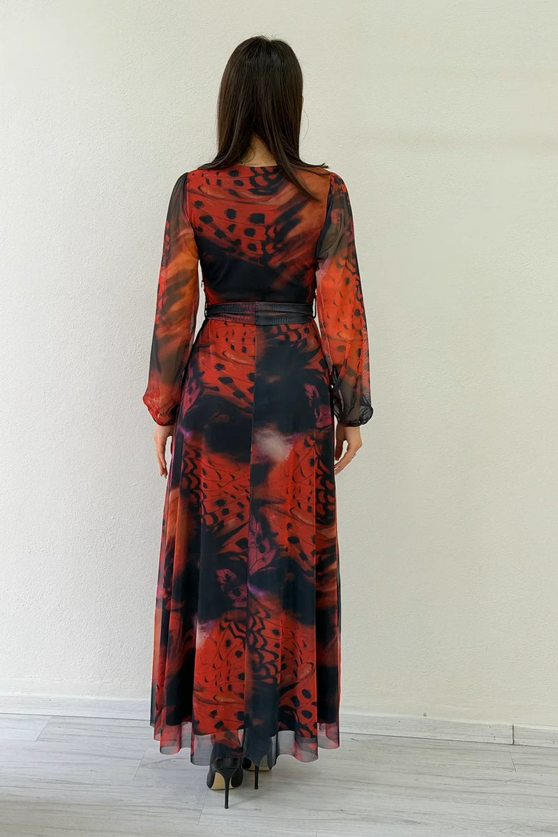 Women's Red V-Neck Belted Tie-Dye Tulle Midi Plus Size Dress