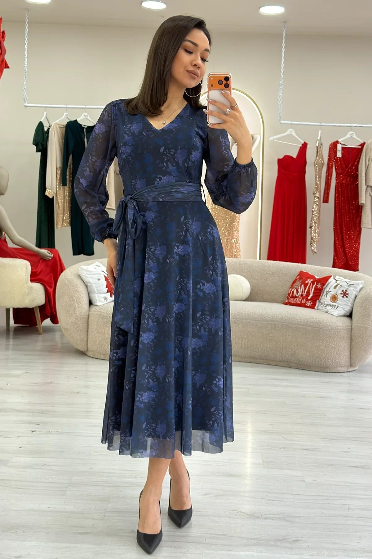 Women's Blue V-Neck Belted Tie-Dye Tulle Midi Plus Size Dress