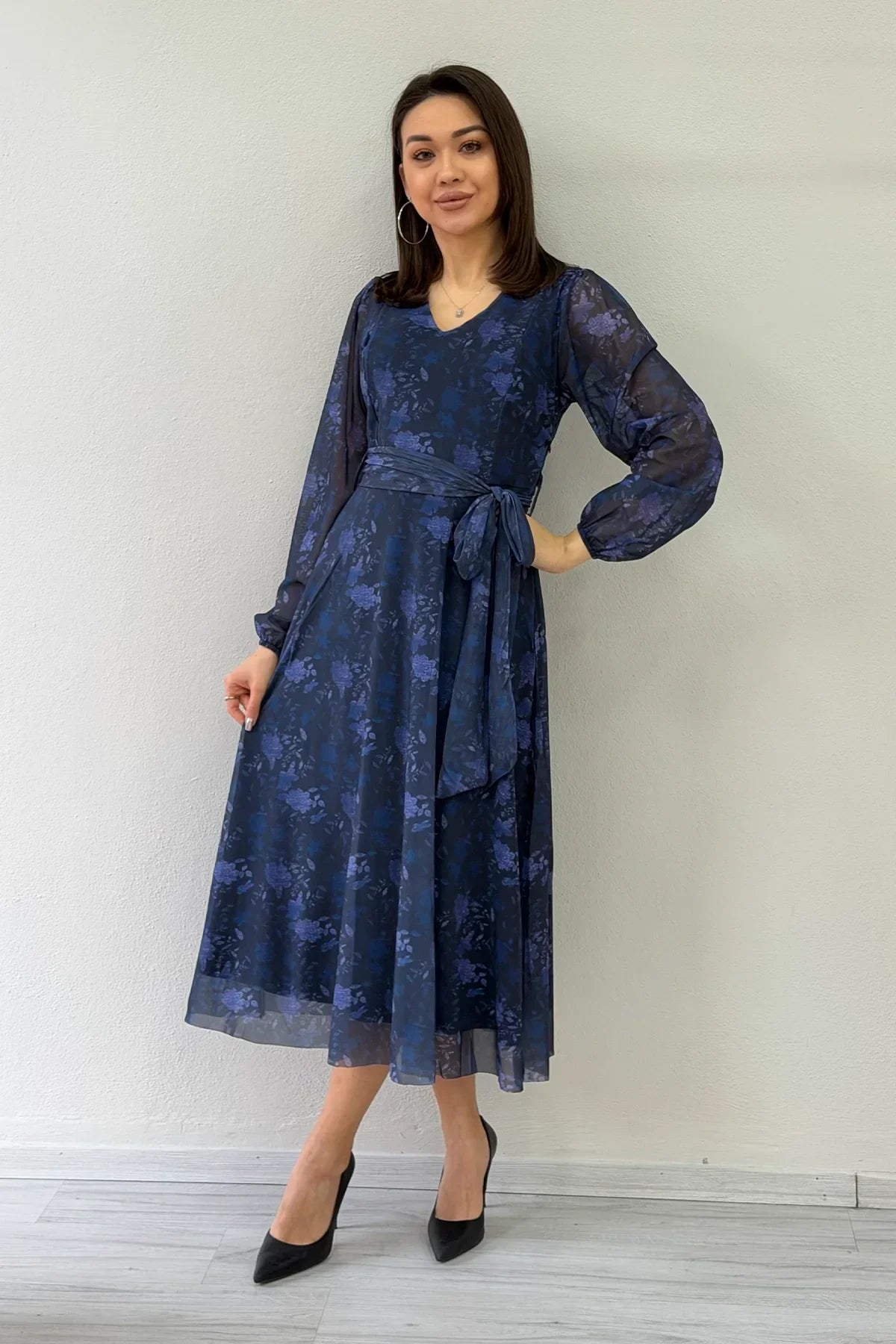 Women's Blue V-Neck Belted Tie-Dye Tulle Midi Plus Size Dress