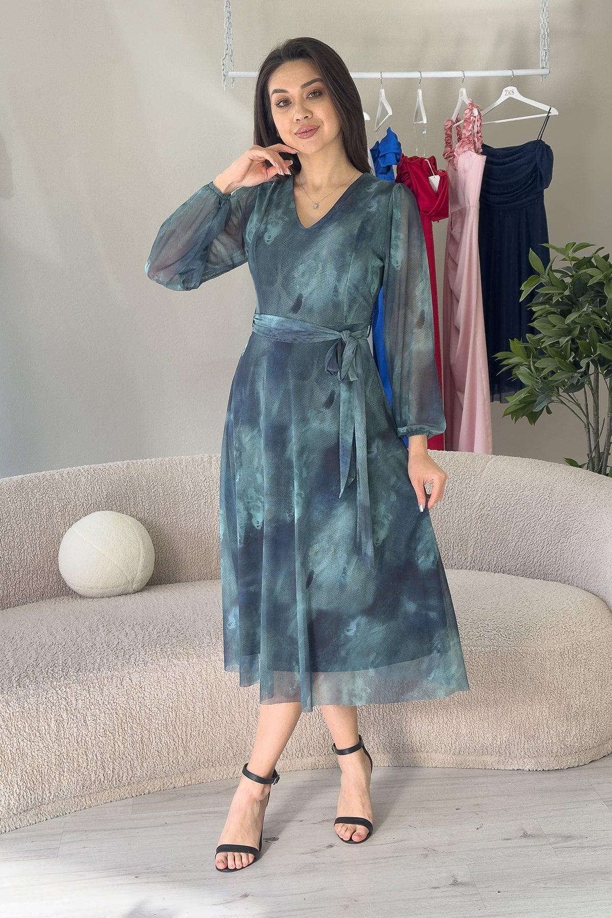 Women's Turquoise V-Neck Belted Tie-Dye Tulle Midi Plus Size Dress