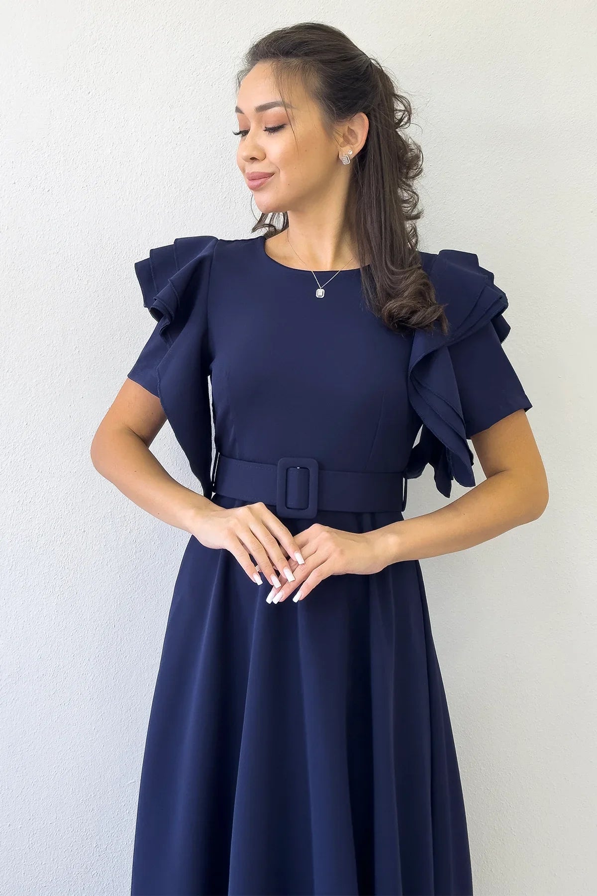 Women's Navy Blue Omuz Ruffle Detail Belted Midi Dress