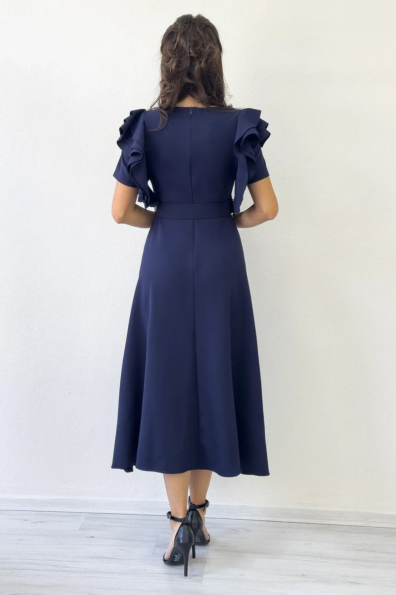 Women's Navy Blue Omuz Ruffle Detail Belted Midi Dress