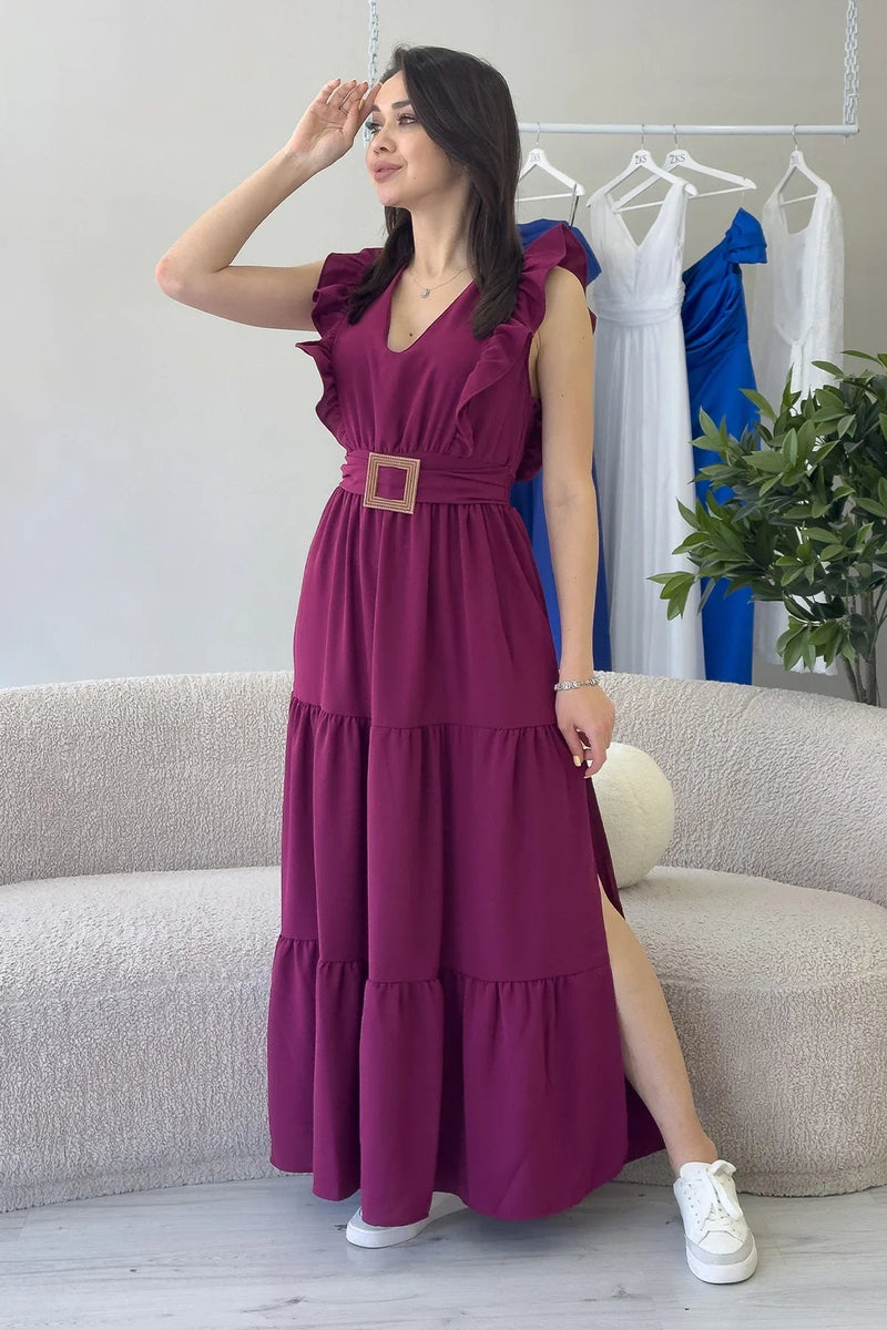 Women's Plum Ruffle Sleeve Toka Detail Slit Summer Dress