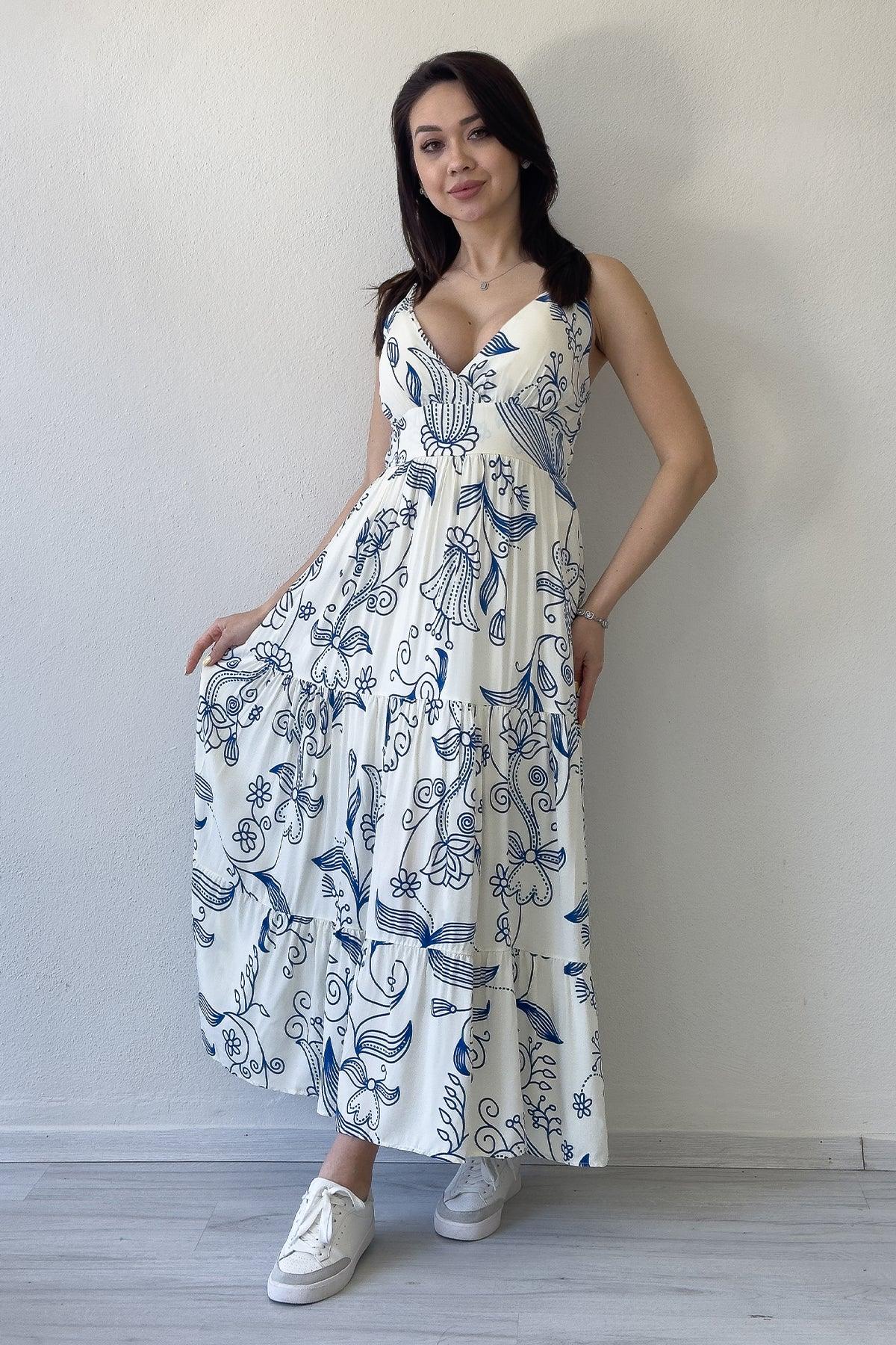 Women's White Strap Patterned Midi Summer Dress