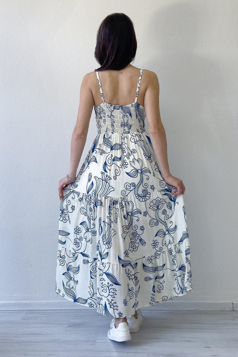 Women's White Strap Patterned Midi Summer Dress