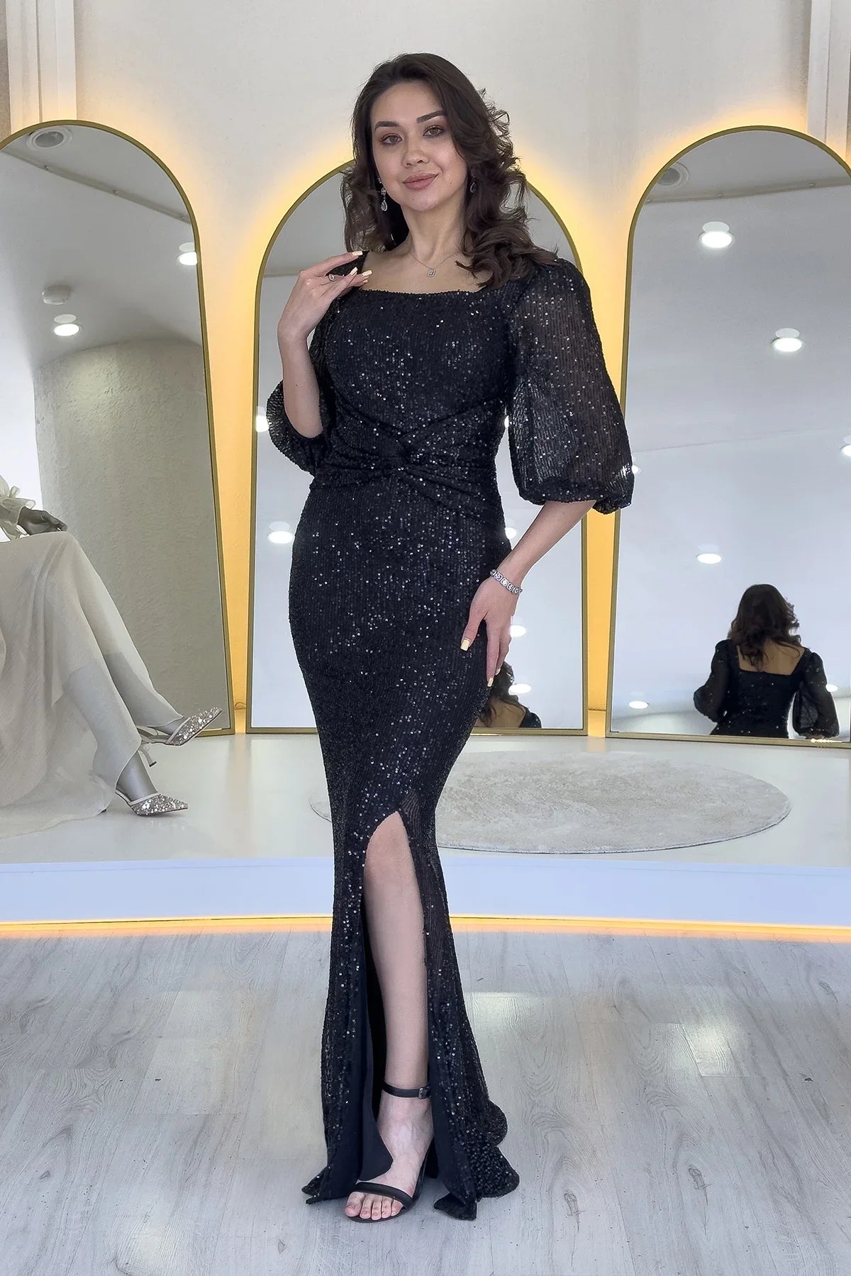 Women's Black Sequin Ön Gathered Balloon Sleeve Slit Plus Size Evening Gown