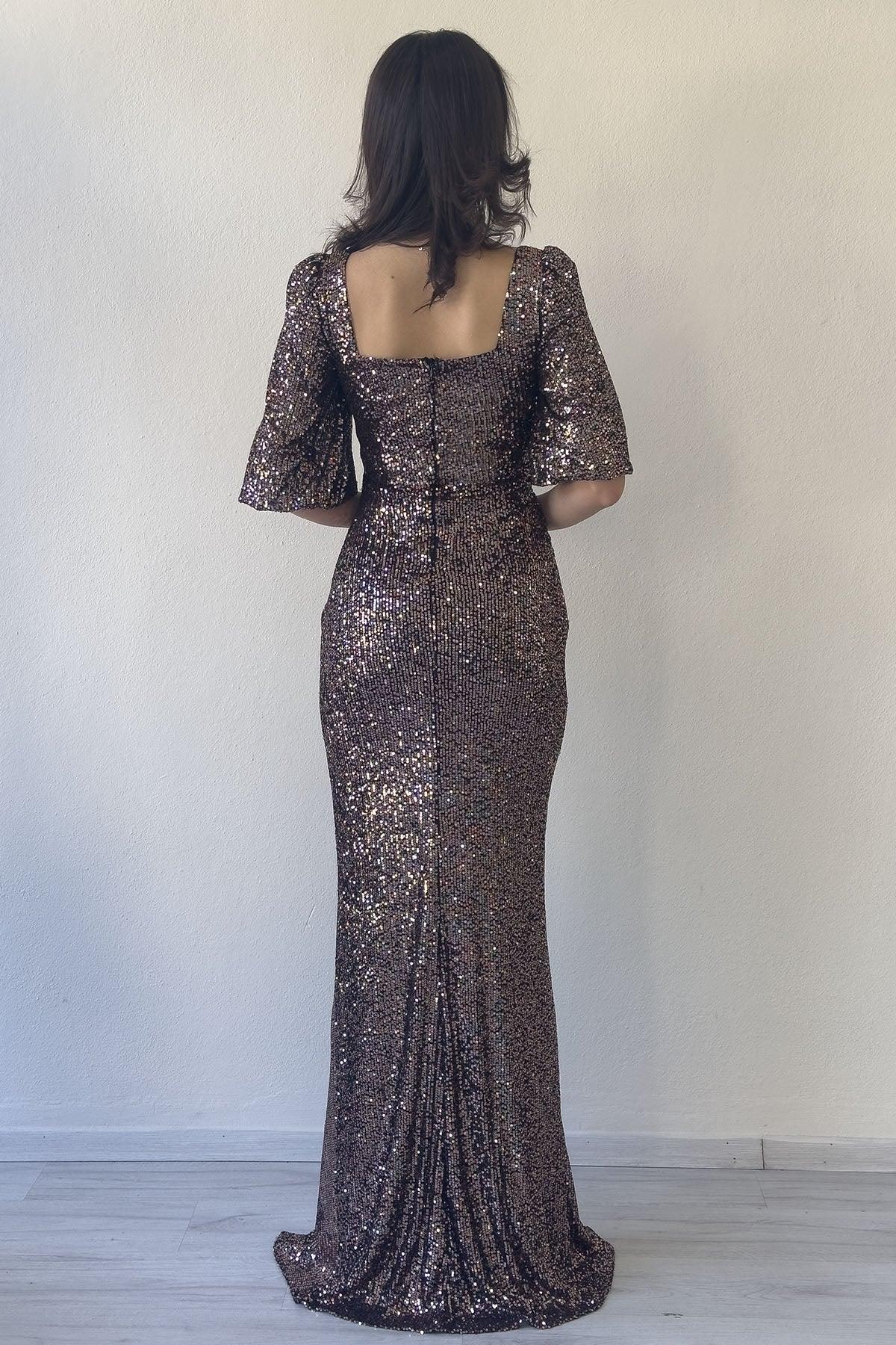 Women's Mink Sequin Ön Gathered Balloon Sleeve Slit Plus Size Evening Gown