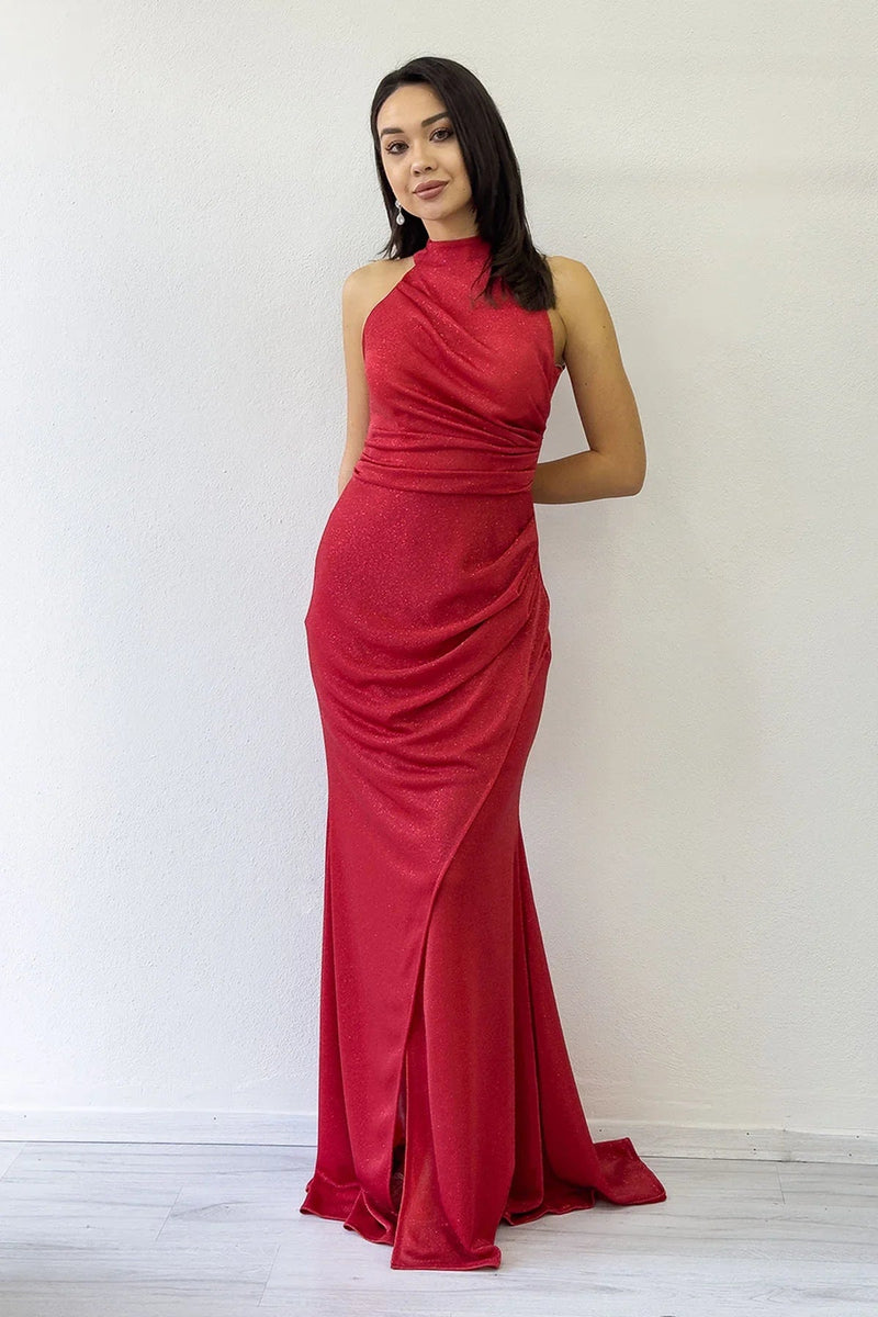 Women's Red Halter Neck Glitter Draped Slit Evening Gown