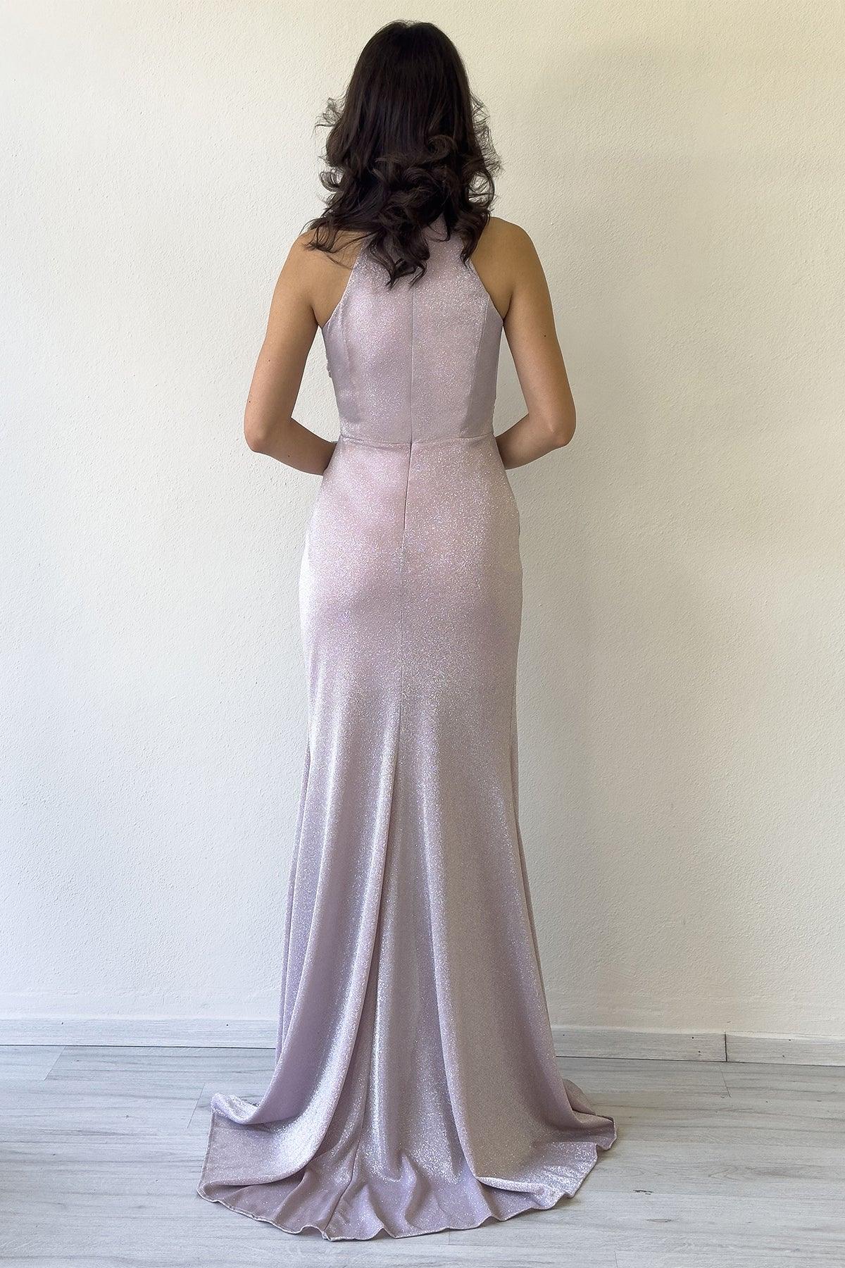 Women's Powder Pink Halter Neck Glitter Draped Slit Evening Gown