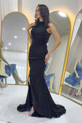 Black Glitter Fabric Maxi Evening Dress