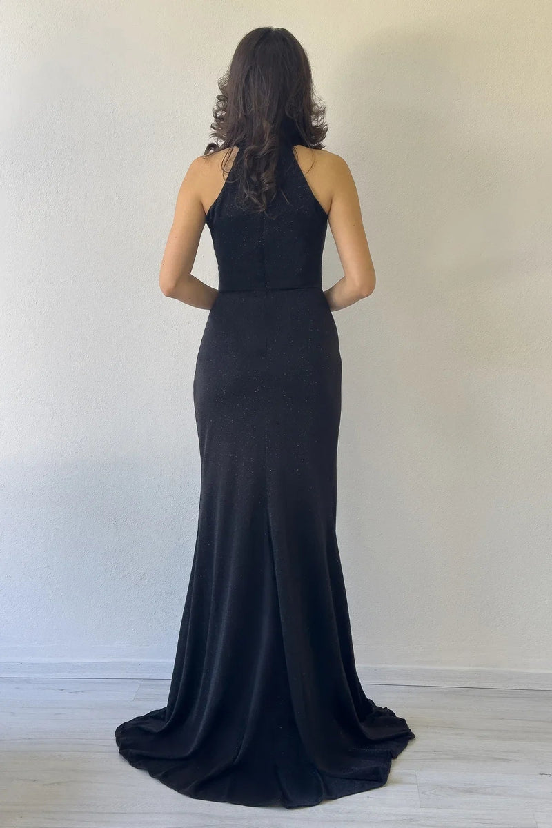 Women's Black Halter Neck Glitter Draped Slit Evening Gown