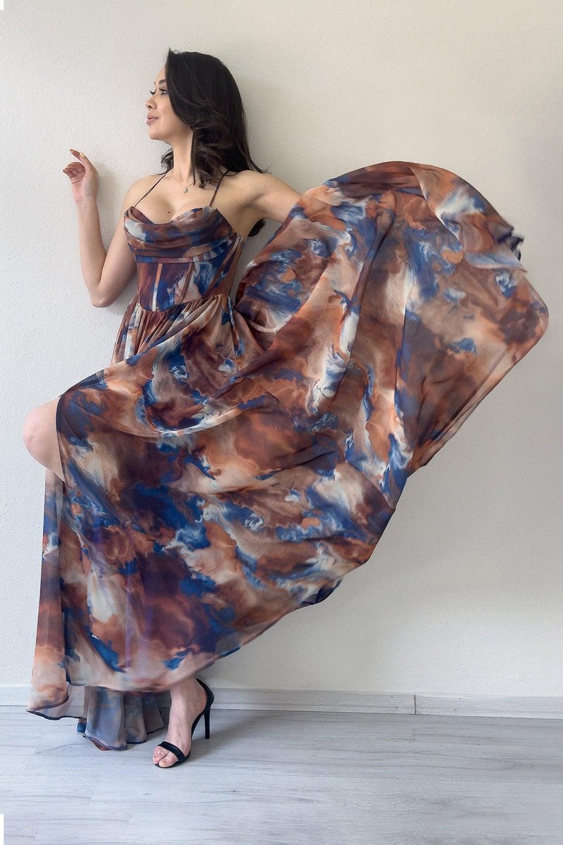 Women's Brown Tie-Dyeli Strapless Strap Open Back Slit Evening Gown