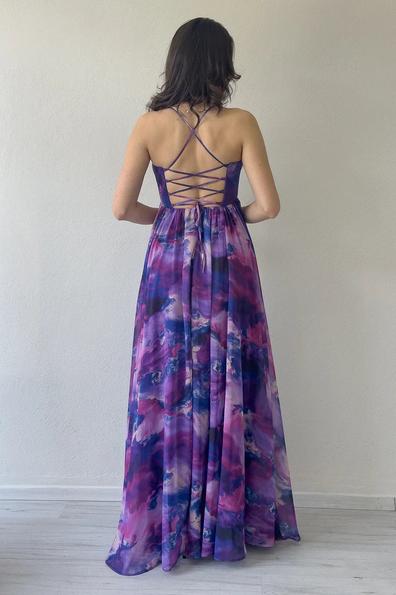 Women's Purple Tie-Dyeli Strapless Strap Open Back Slit Evening Gown