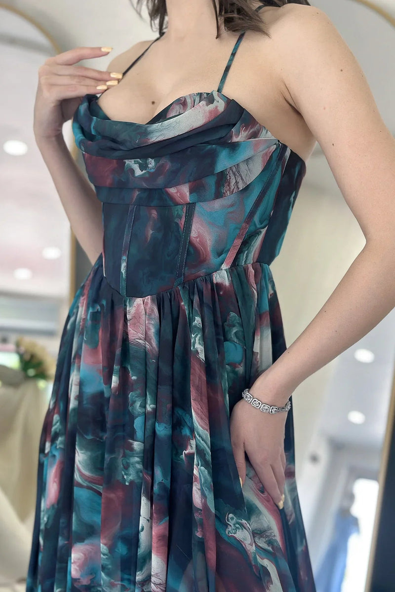 Women's Petrol Green Tie-Dyeli Strapless Strap Open Back Slit Evening Gown