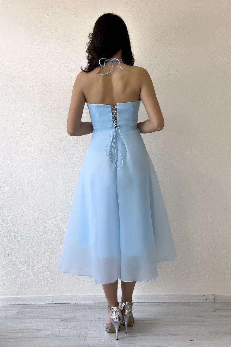 Women's Baby Bluesi Draped Halter Tie Bow Sleeve Detail Short Evening Gown