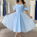 Baby Blue Midi Length Evening Dress with Ribbon