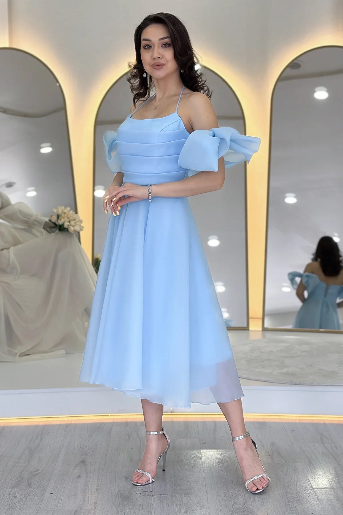 Women's Baby Bluesi Draped Halter Tie Bow Sleeve Detail Short Evening Gown