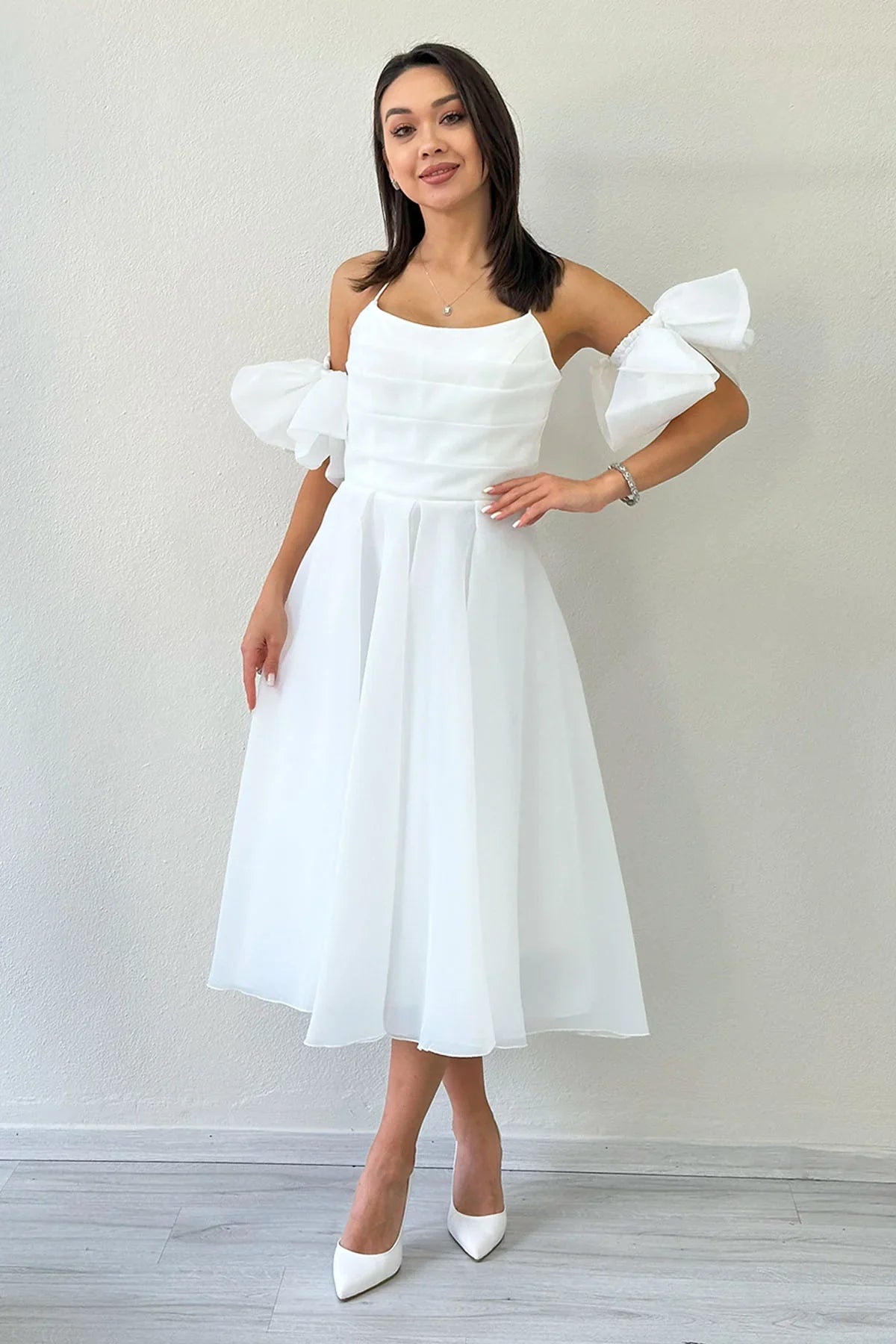 Women's White Draped Halter Tie Bow Sleeve Detail Short Evening Gown