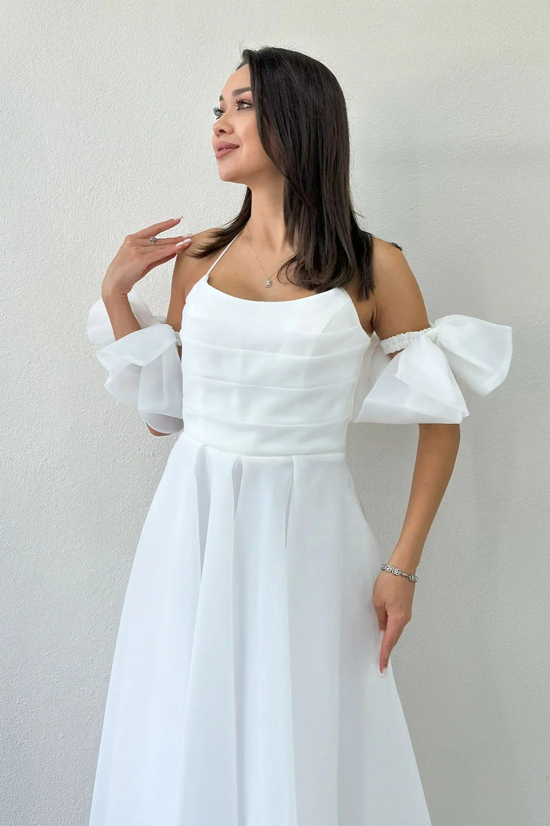 Women's White Draped Halter Tie Bow Sleeve Detail Short Evening Gown