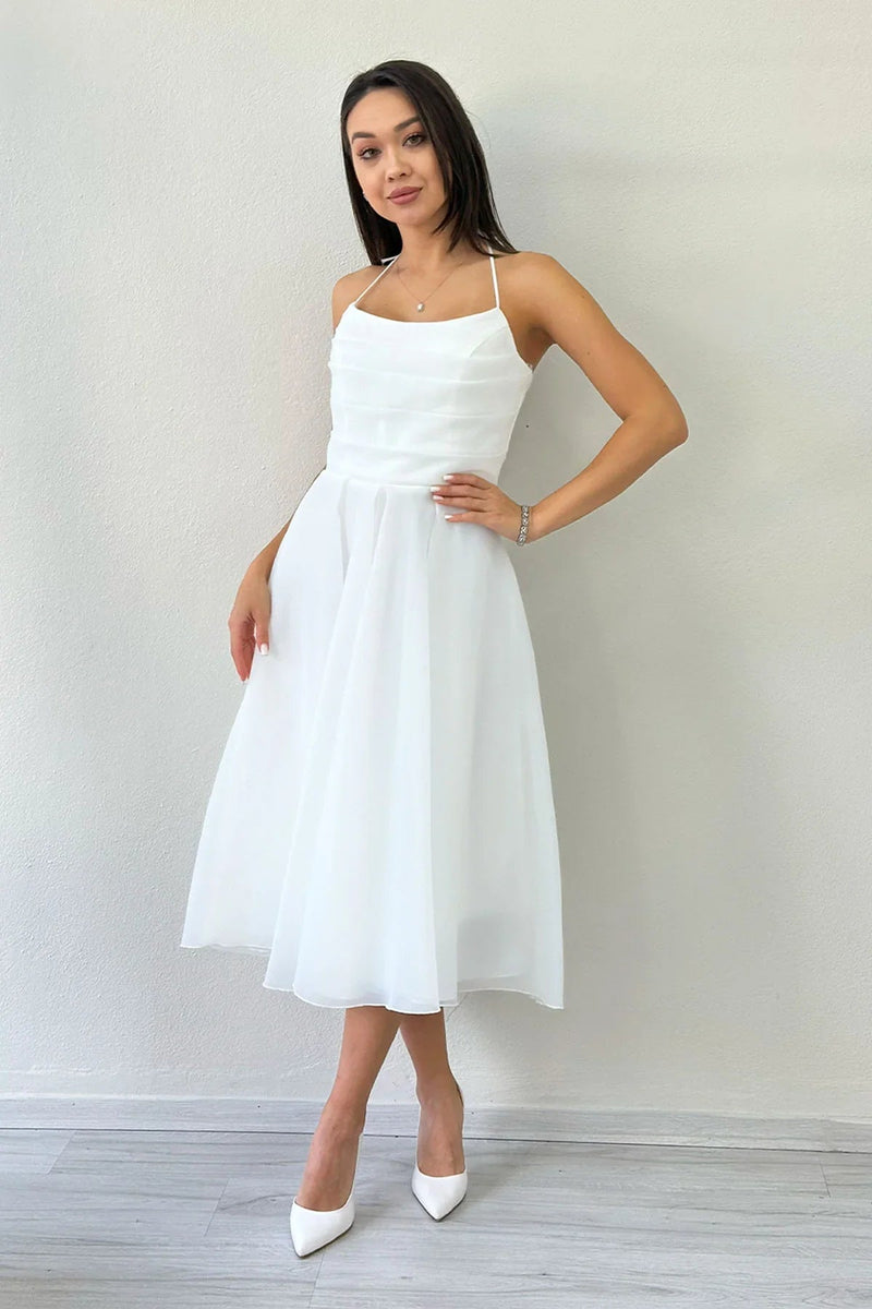 Women's White Draped Halter Tie Bow Sleeve Detail Short Evening Gown