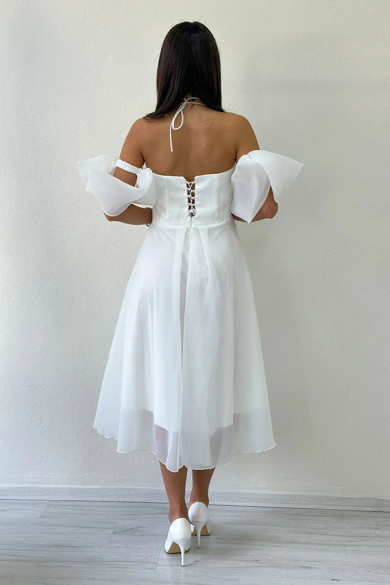 Women's White Draped Halter Tie Bow Sleeve Detail Short Evening Gown