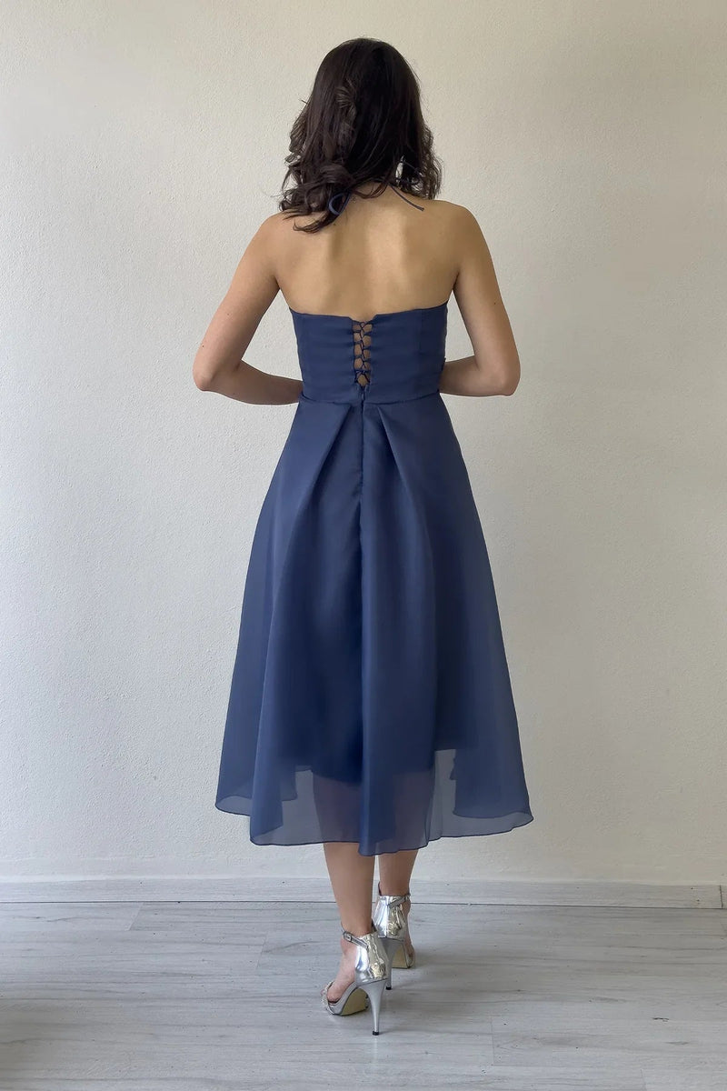 Women's Navy Blue Draped Halter Tie Bow Sleeve Detail Short Evening Gown