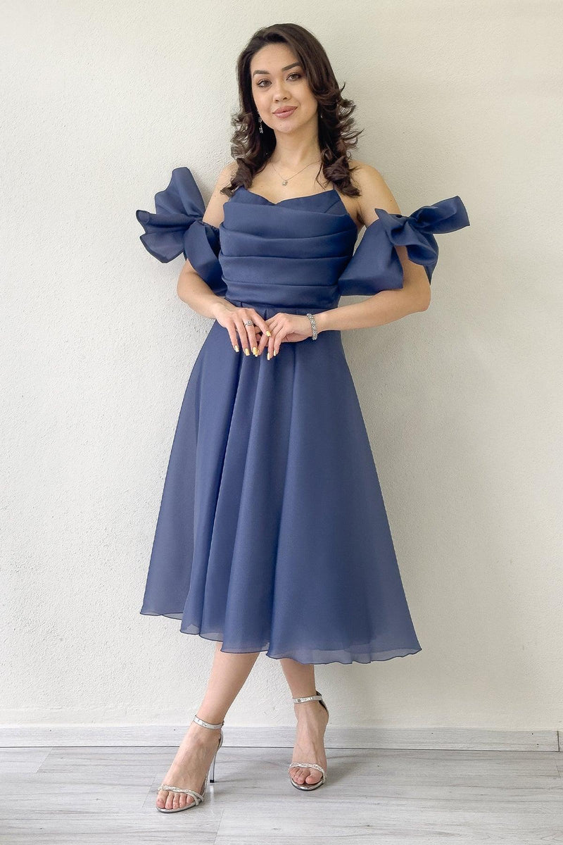 Women's Navy Blue Draped Halter Tie Bow Sleeve Detail Short Evening Gown