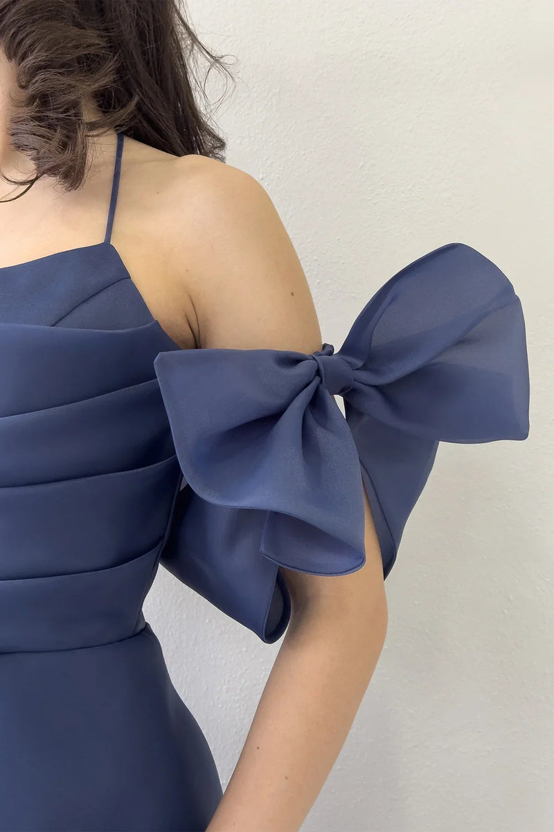 Women's Navy Blue Draped Halter Tie Bow Sleeve Detail Short Evening Gown