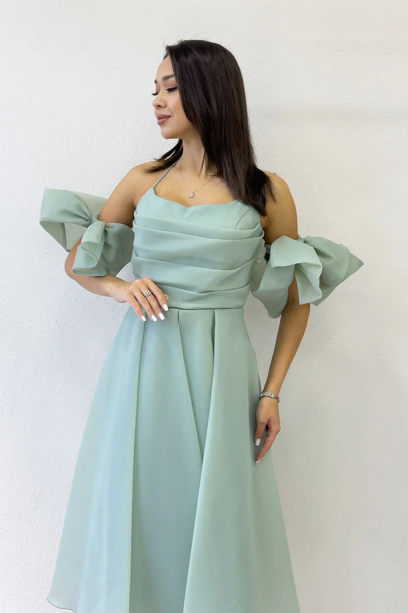 Women's Aqua Green Draped Halter Tie Bow Sleeve Detail Short Evening Gown