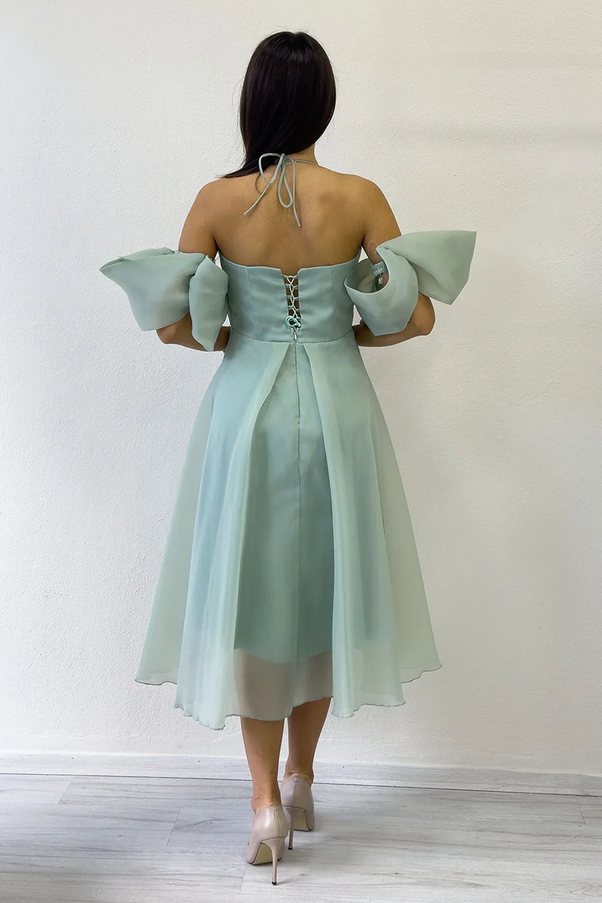 Women's Aqua Green Draped Halter Tie Bow Sleeve Detail Short Evening Gown