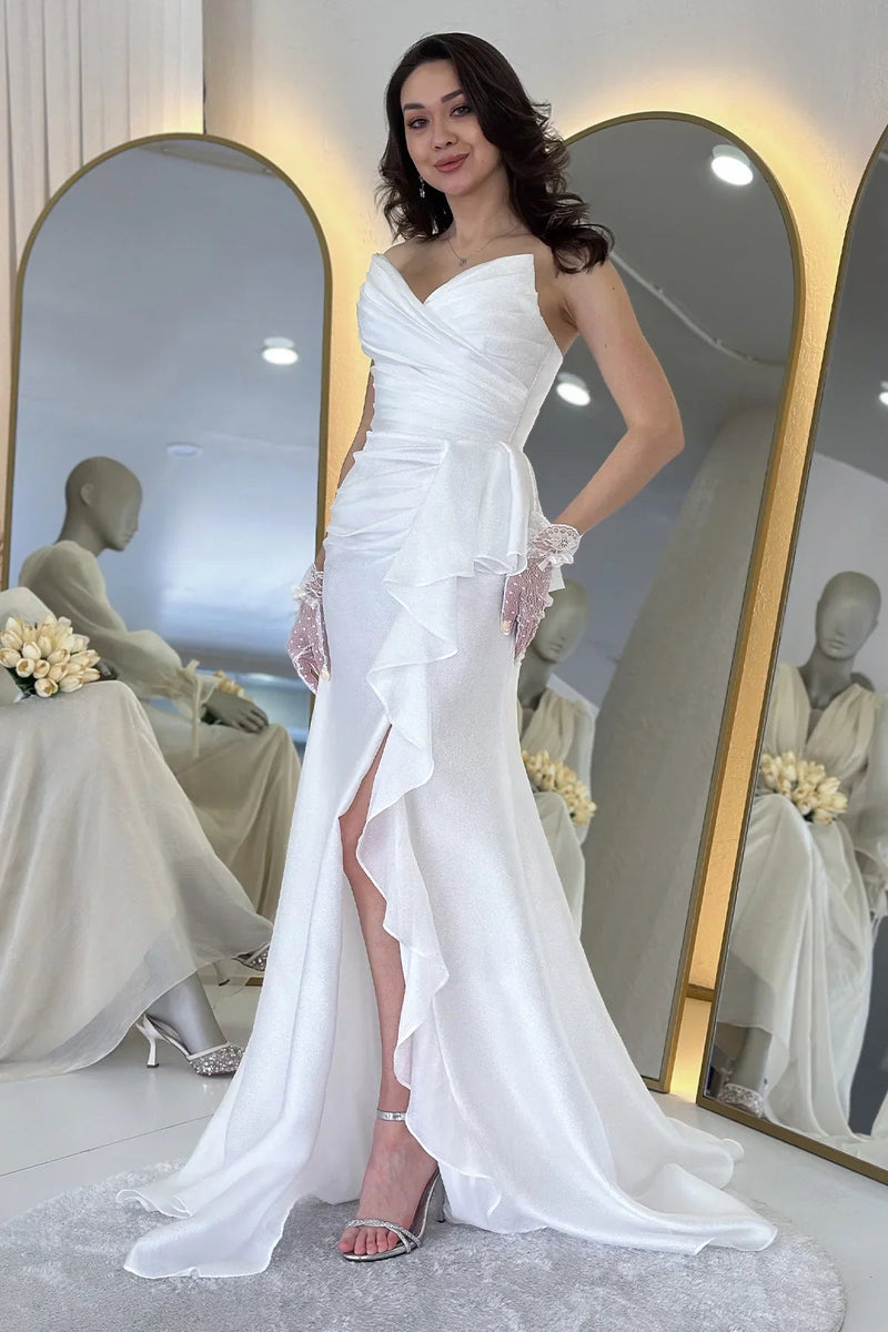 Women's White Strapless Draped Sırt Detail Volan Slit Evening Gown