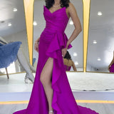 Fuchsia Strapless Slit Evening Dress