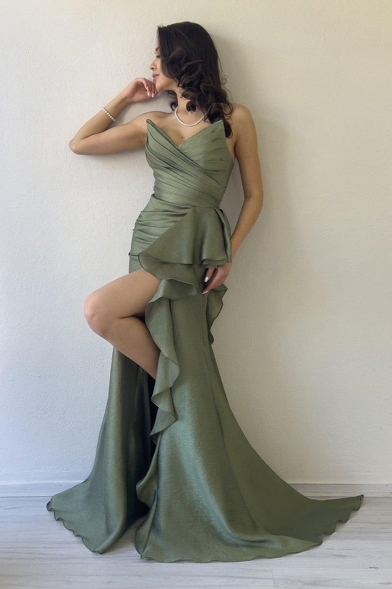 Women's Khaki Strapless Draped Sırt Detail Volan Slit Evening Gown