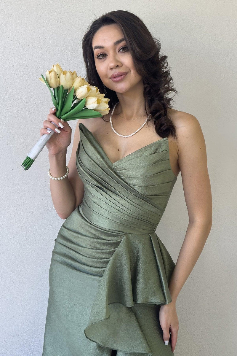 Women's Khaki Strapless Draped Sırt Detail Volan Slit Evening Gown