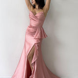Powder Pink Strapless Slit Evening Dress