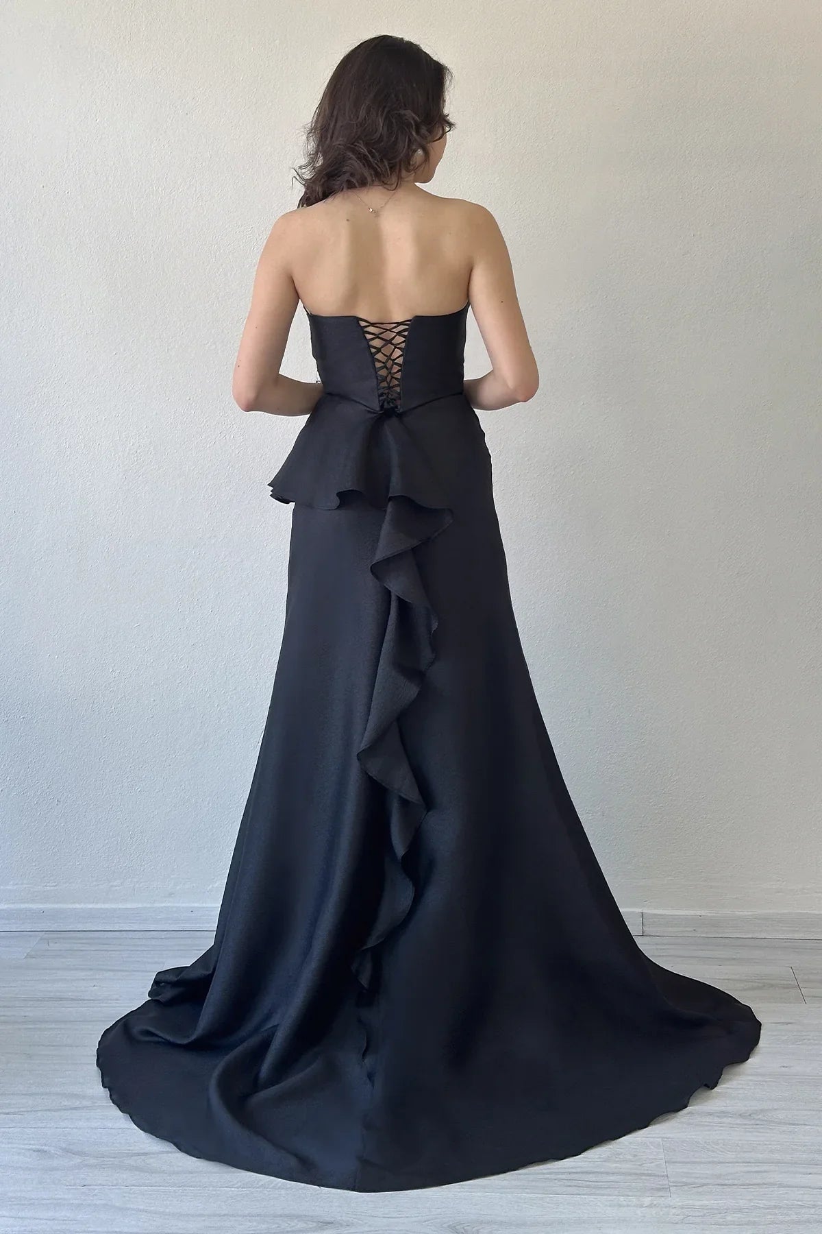 Women's Black Strapless Draped Sırt Detail Volan Slit Evening Gown