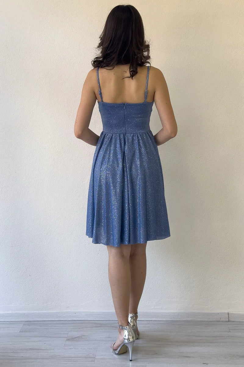 Women's Indigo Glitter Draped Detail Strap Mini Flared Evening Gown