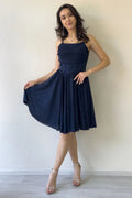 Marineblaues, trägerloses Mini-Abendkleid mit ausgestelltem Rock
